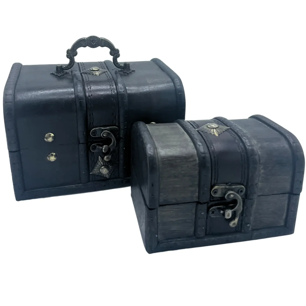 Set of 2 treasure chests in grey, stacked with metal latch details, ideal for storage and decoration