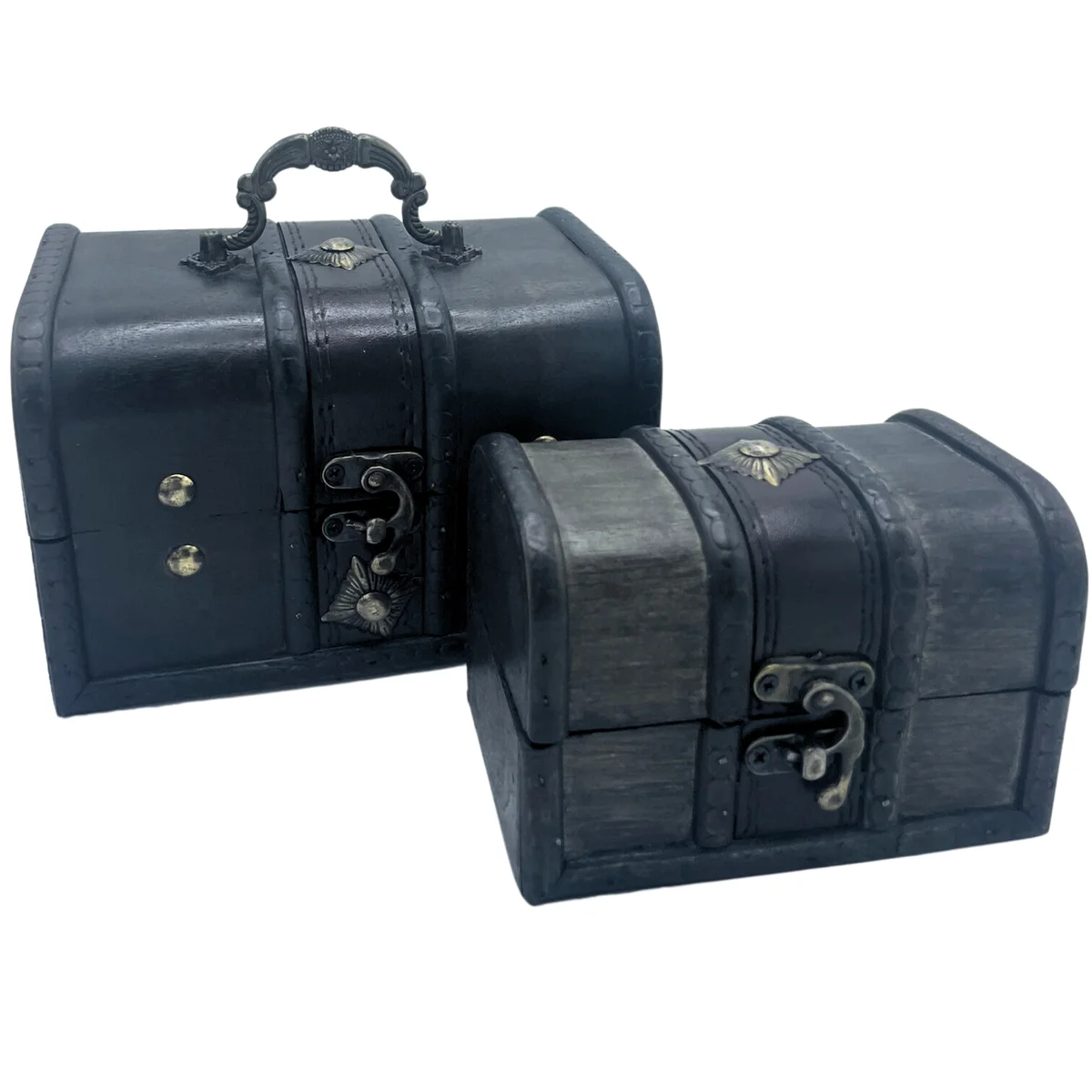 Two grey storage boxes styled as treasure chests stacked, showing their textured surface and metal clasps