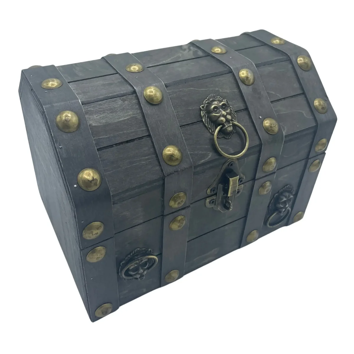 Large grey treasure chest with rustic wooden design.