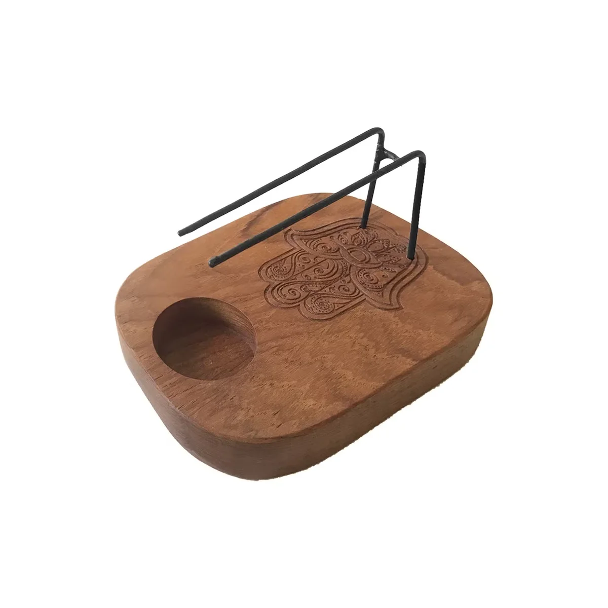 Wooden palo santo burner and heater made of teak wood with a Hamsa design