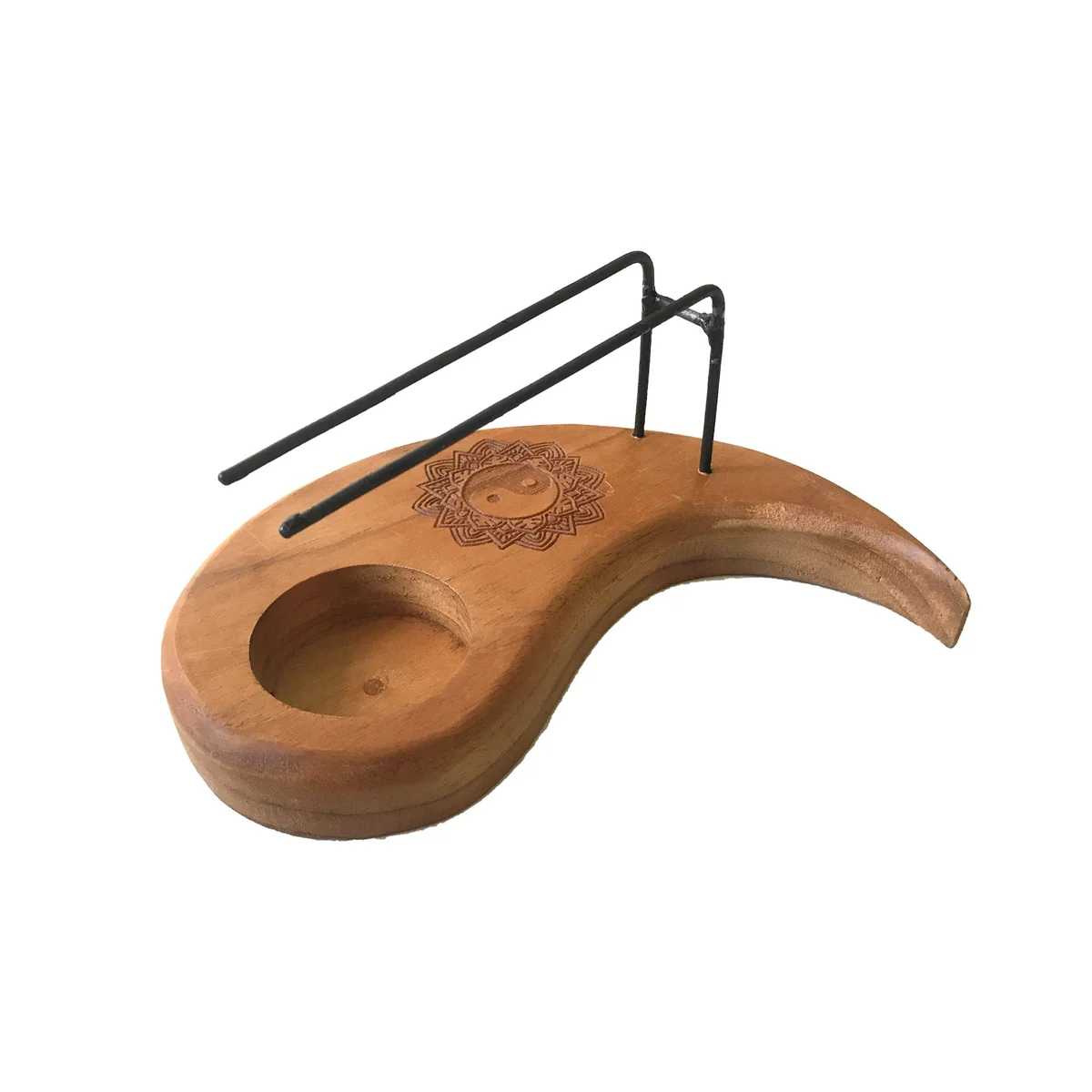 Teardrop shaped Palo Santo heater made of teak wood featuring Yin & Yang design