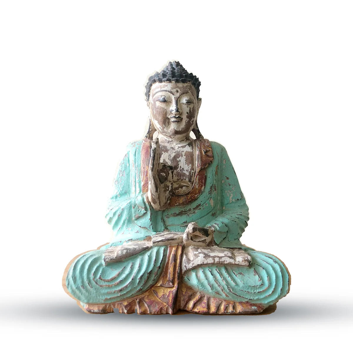 Hand carved 30cm Buddha figurine in vintage mint, teaching transmission.