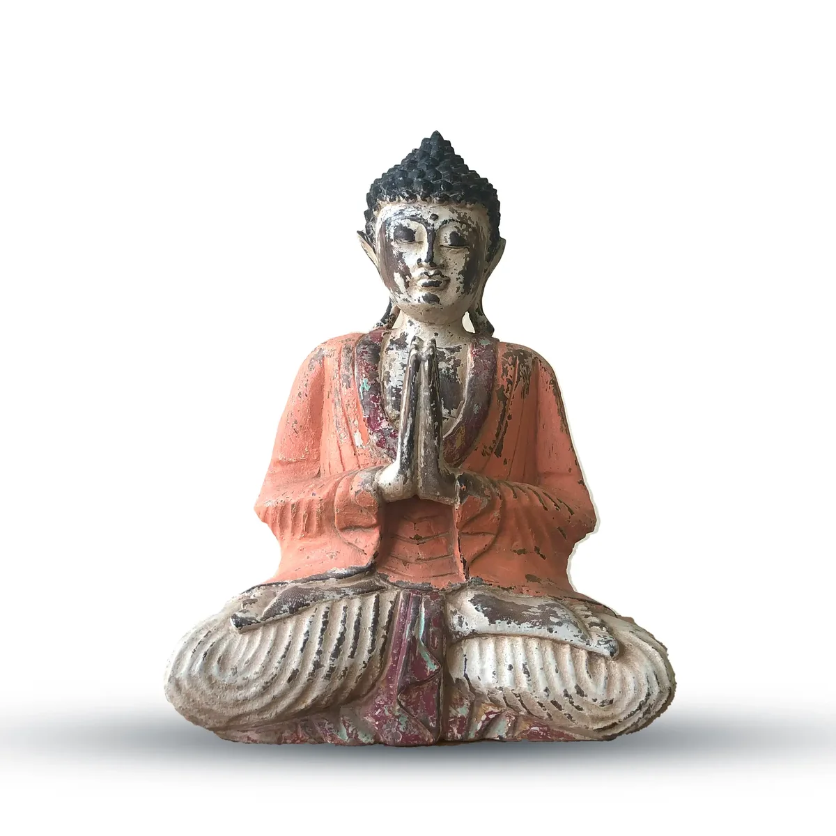 Vintage orange hand carved Buddha statue, 30cm tall, welcoming posture.