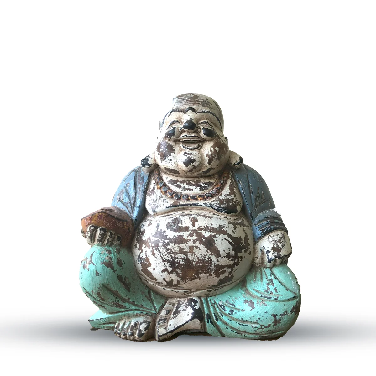 Vintage blue Buddha figurine, hand carved, 30 cm tall, smiling happy Buddha statue.