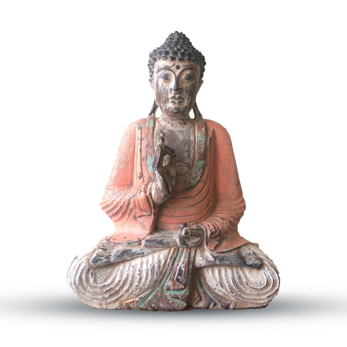 Vintage 40cm orange Buddha figurine, hand carved statue, Buddhist figure in orange glaze