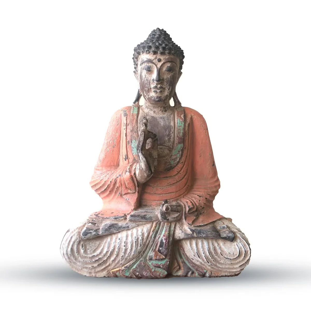 Vintage orange Buddha statue, hand carved, 40cm Buddha statue in teaching transmission pose
