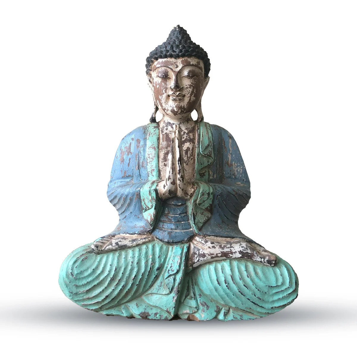 Hand carved vintage blue Buddha statue in mint finish, 40cm tall, with welcome inscription at base