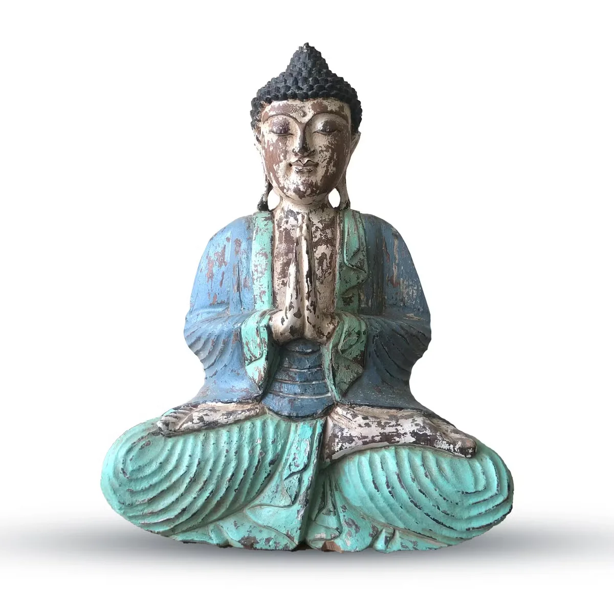 Hand carved vintage blue mint 40cm buddha figure with welcome inscription on base, sitting in meditation pose