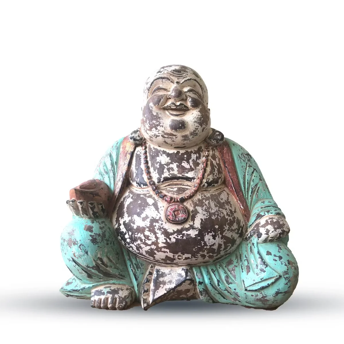 Hand carved 40cm Buddha statue in vintage mint color showing happy Buddha with detailed carving