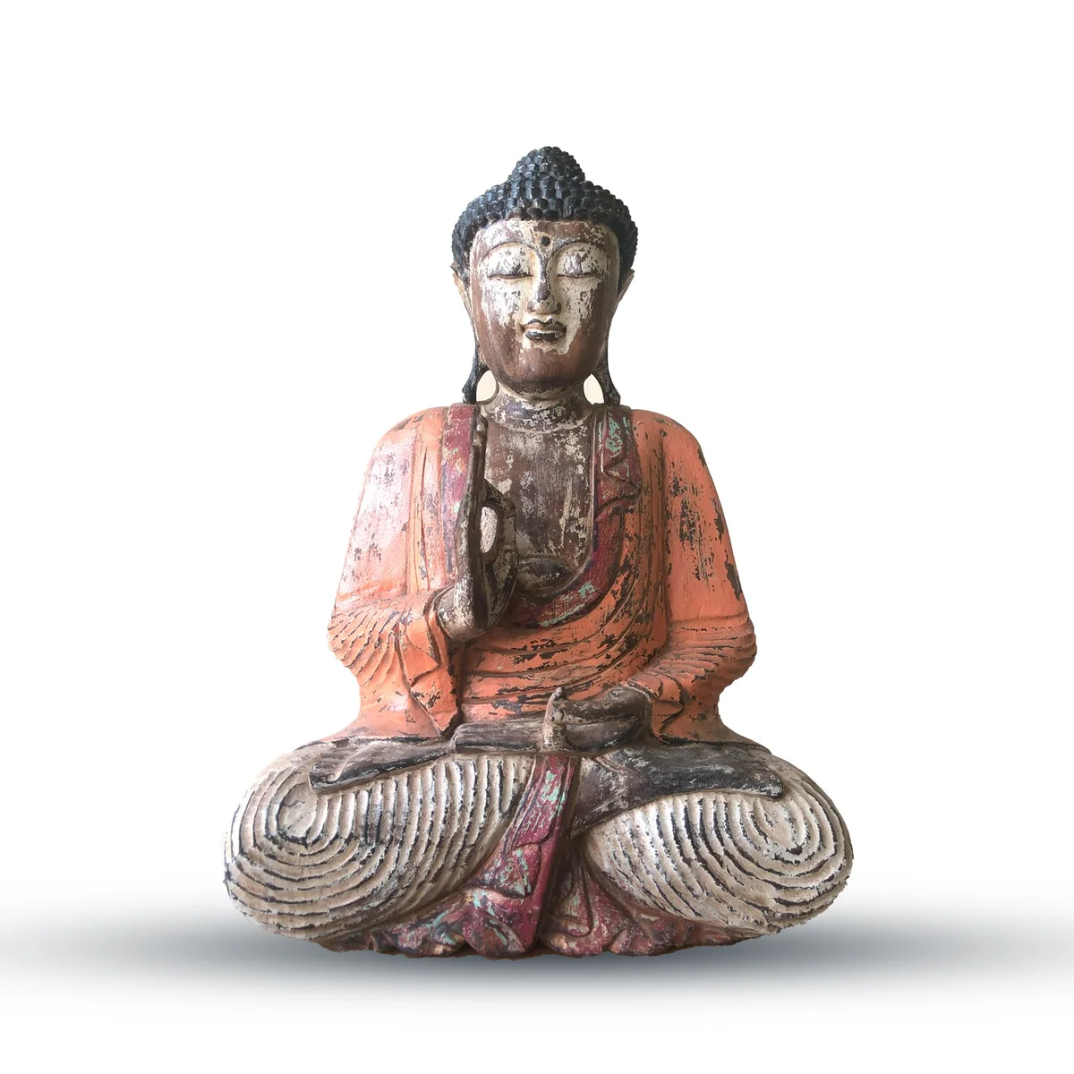 Vintage Buddha statue hand carved in orange, 60cm tall, depicting teaching transmission pose