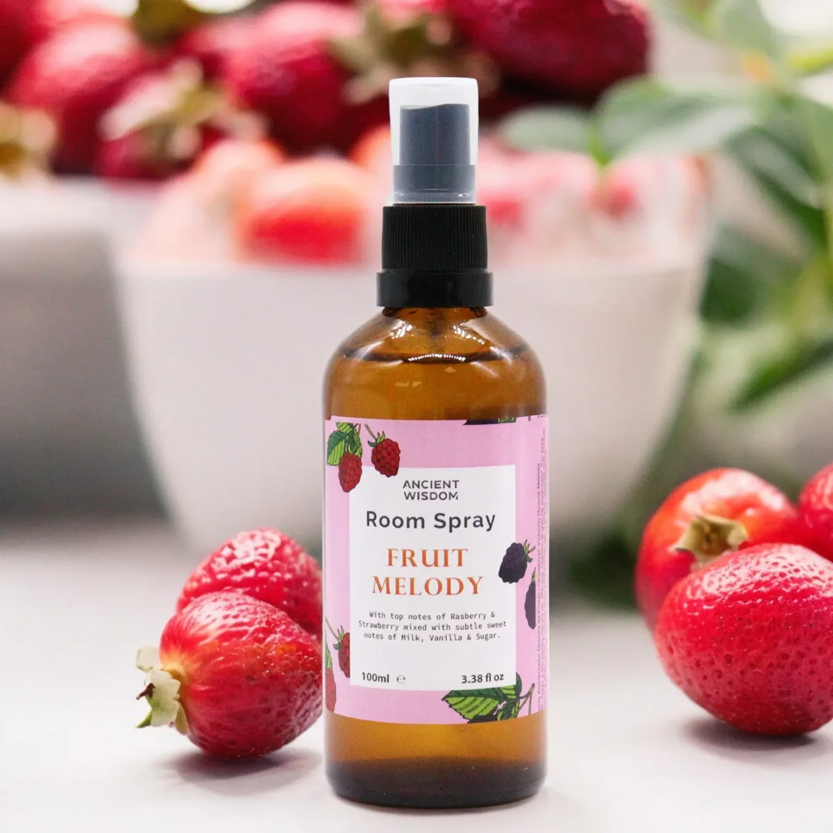 Home fresh spray bottle, 100ml, labeled FRUITY MELODY – a fruity room spray.