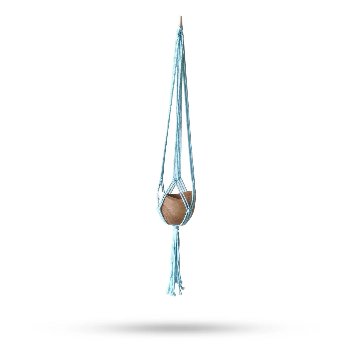Powder blue macrame pot holder holding a medium pot