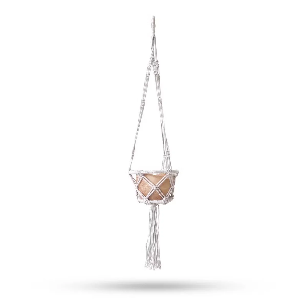 Macrame hooped pot holder – natural weave, 16cm circular hoop, hanging pots