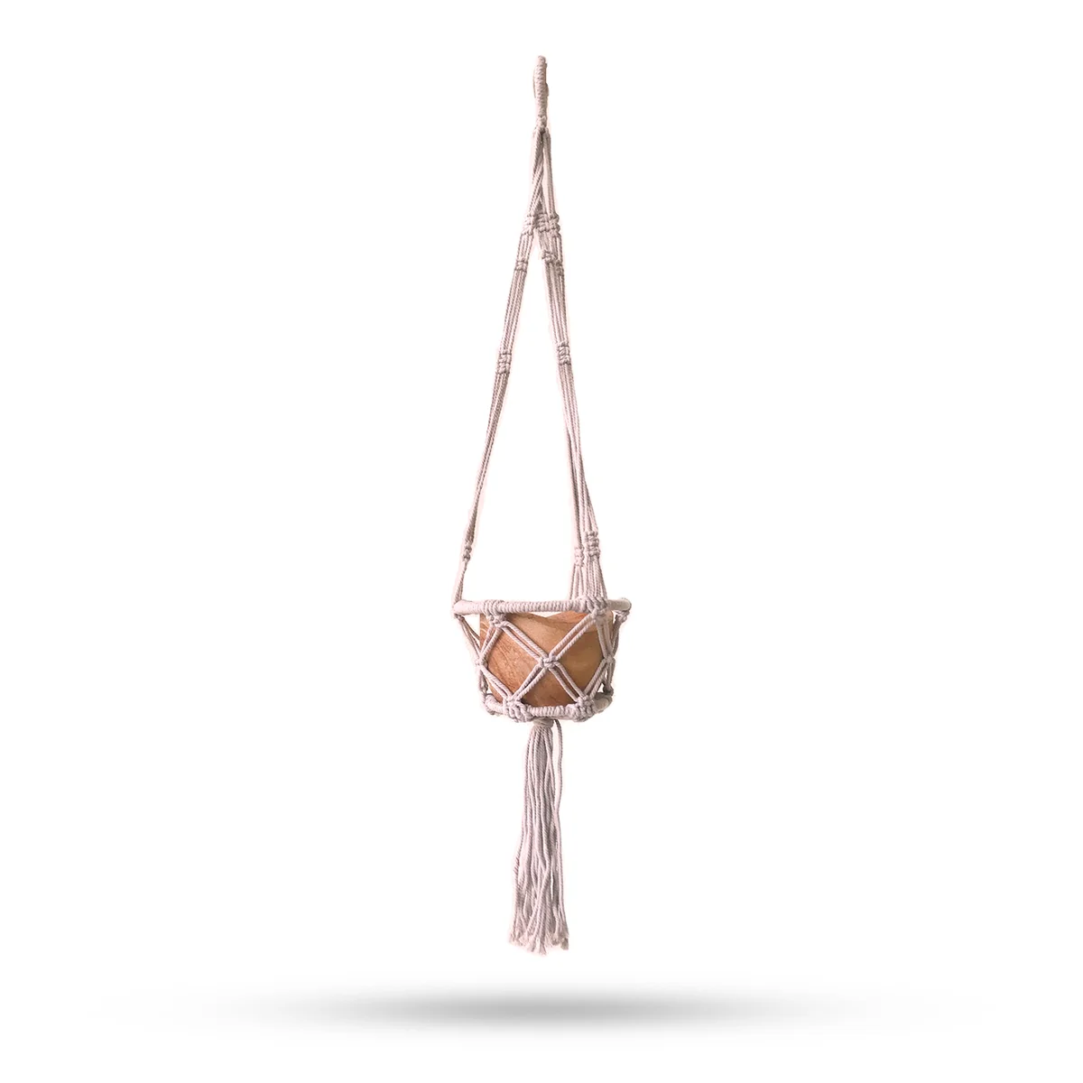 Beige macrame decor hooped pot holder, 16cm hoop, small size with woven basket frame