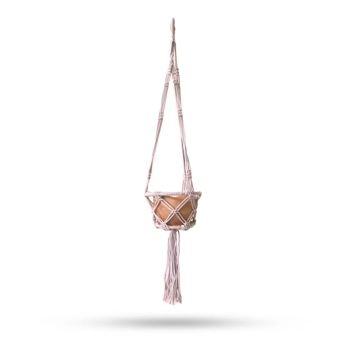 Beige macramé hooped pot holder featuring a 16cm hoop.