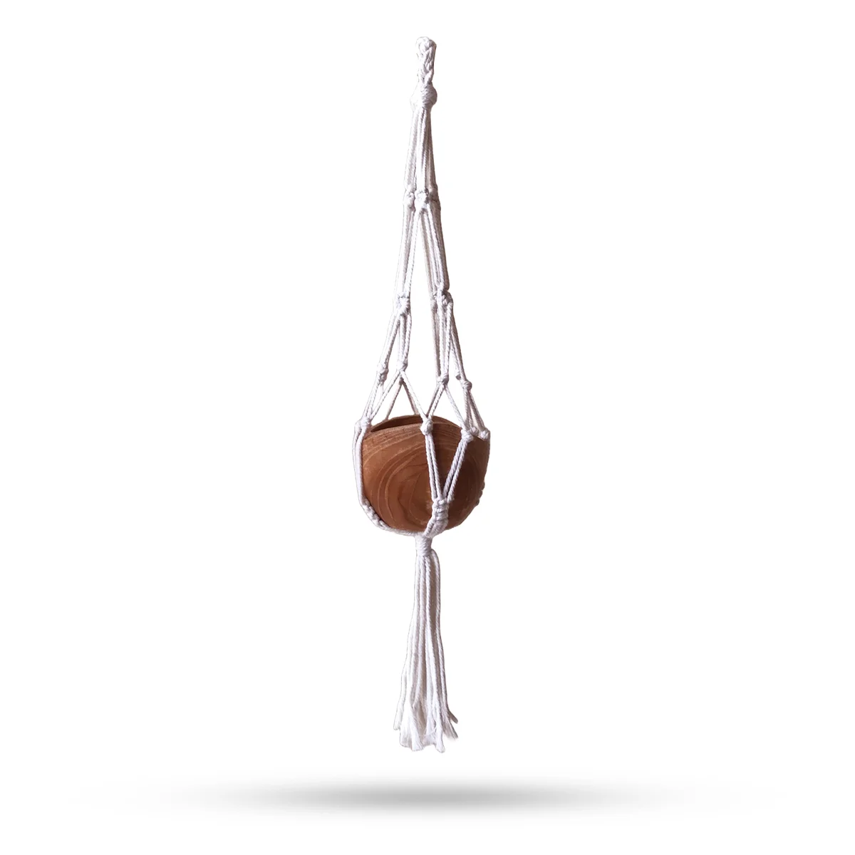 Hand‑woven natural macrame hanger, 75 cm long, holding a small drop pot on a surface.