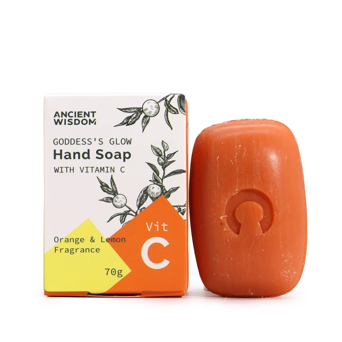 Bright, clear glass bottle of Vitamin C hand soap with essential oils, cap open and liquid visible, surrounded by natural herbs