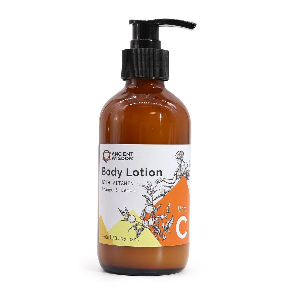 Bottle of Vitamin C body lotion with orange and lemon labels