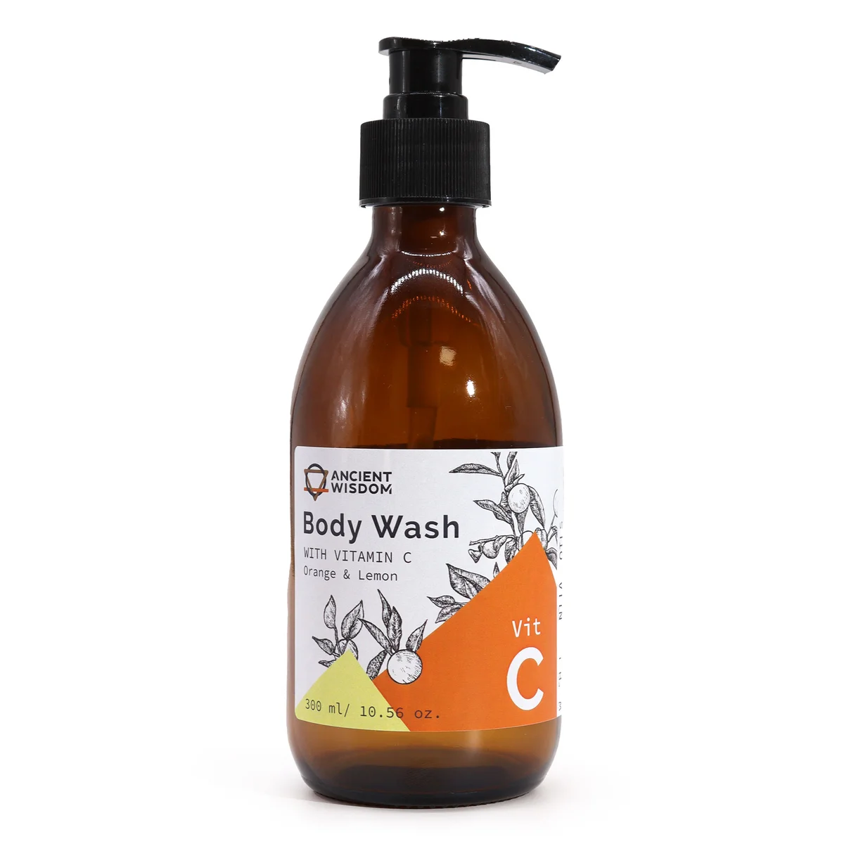 Sleek bottle of orange lemon body wash featuring vitamin C enriched formula, orange and lemon design.