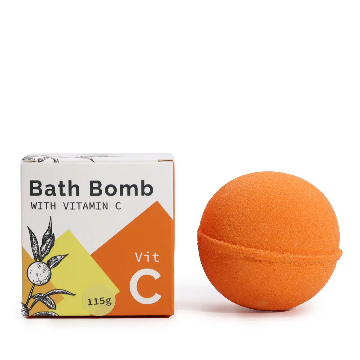 Vitamin C infused bath bomb with essential oils resting in a clear glass jar.