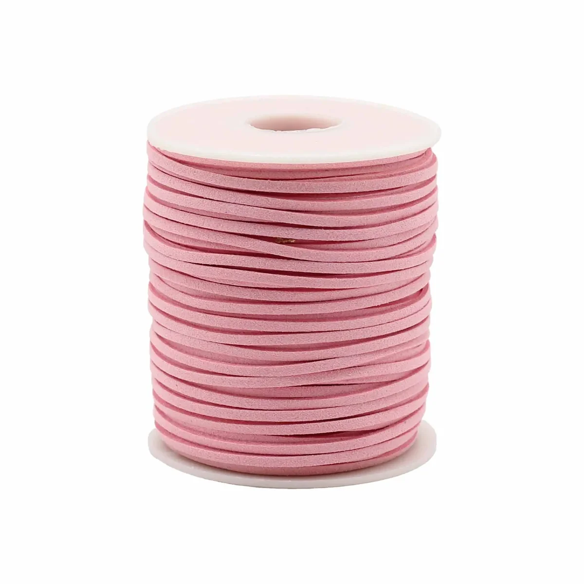 Pink bulk pendant cord roll, 2.5mm thick with a 45m ribbon wound around a spool, ready for jewelry making.