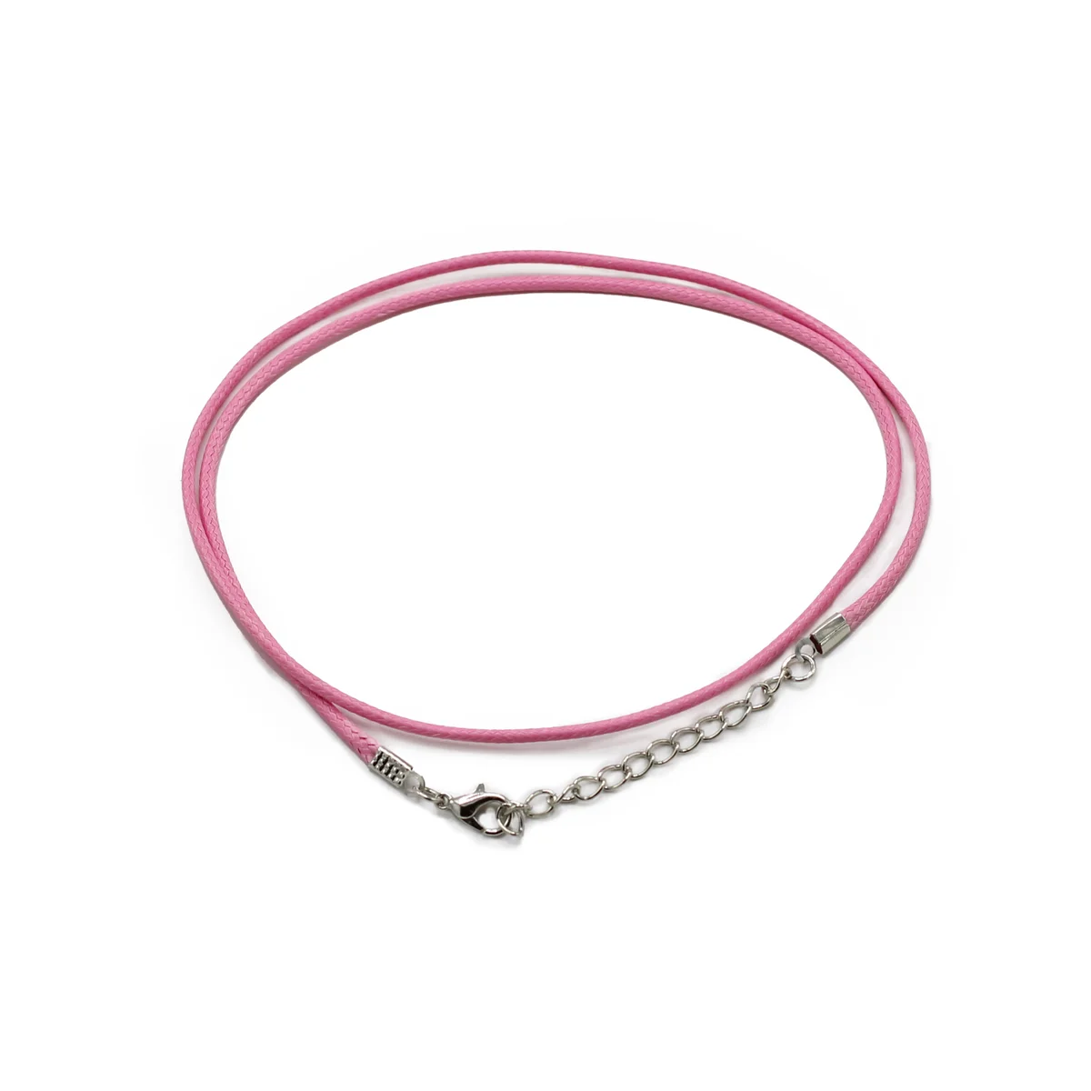Pink 2mm waxed cord, 55cm long, wrapped in a decorative holder
