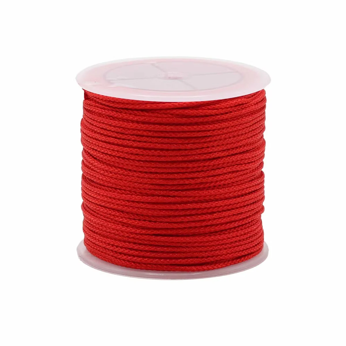 Roll of craft red string, 2mm thick, 25m long, vibrant bright red, unwrapped, showing length.