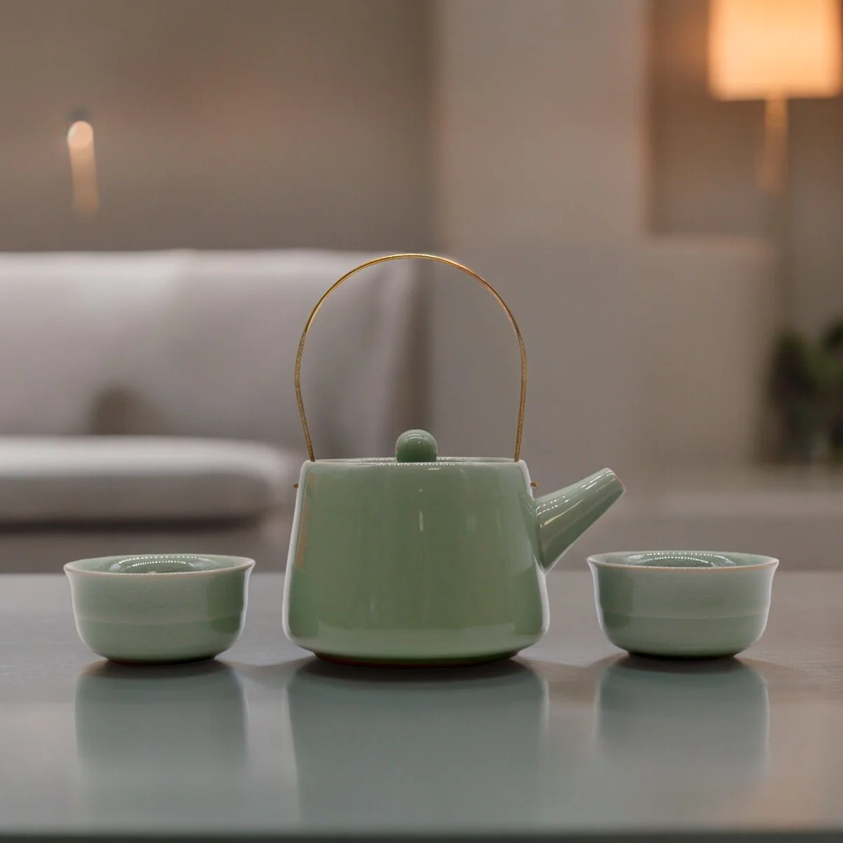 Herbal jade teapot set with a green jade pot and two matching cups