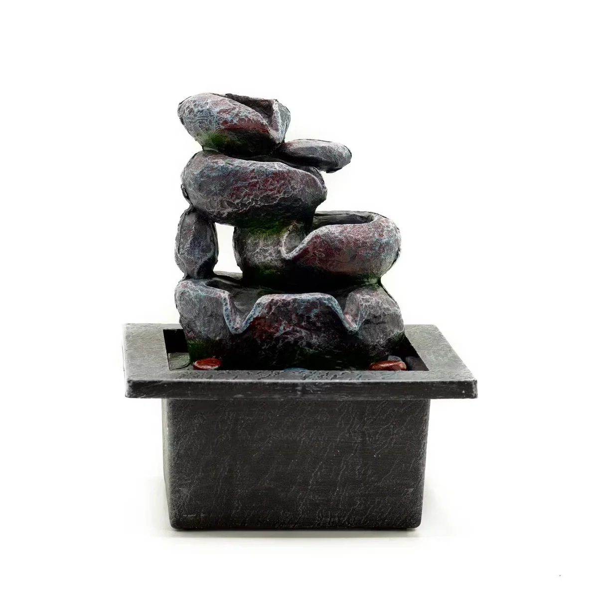 Small table fountain with cascading pots, 20cm high, perched on a flat tabletop surface.