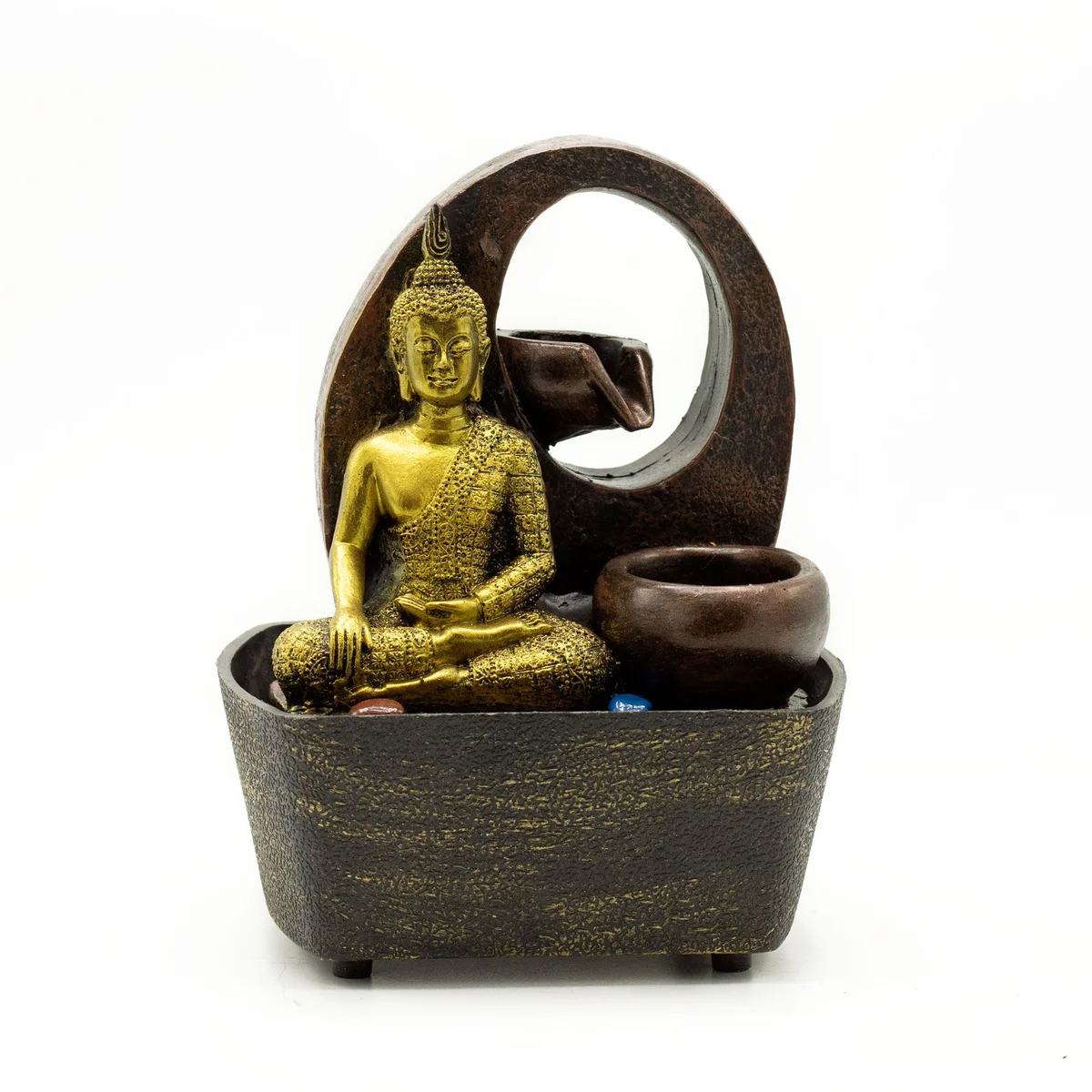 Tabletop water feature with golden Buddha and pots, 21.5cm