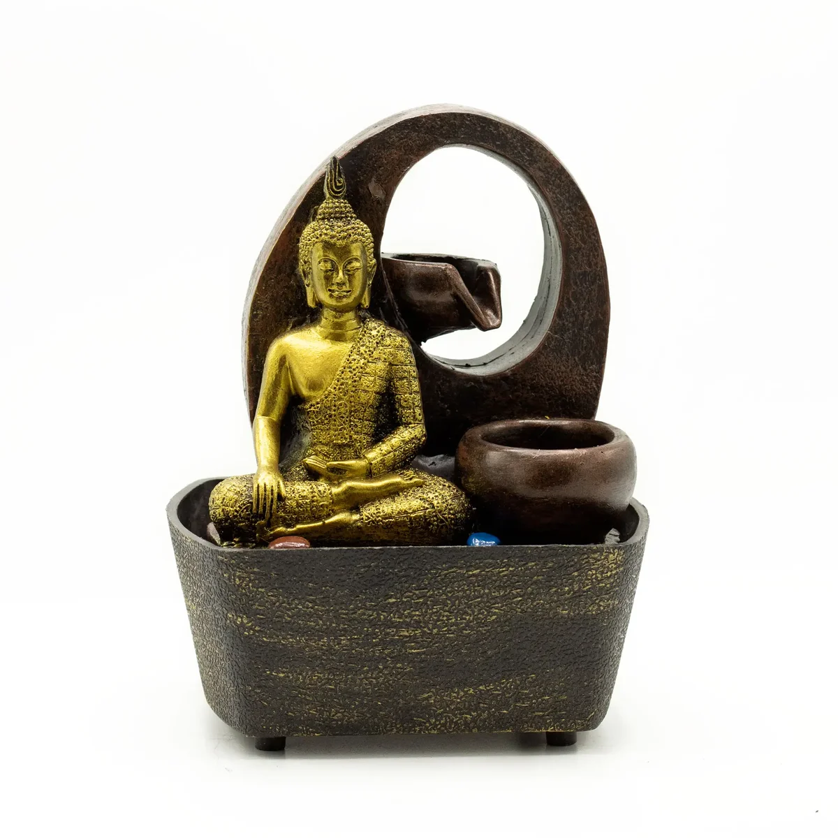 Golden Buddha ornament with small pots and flowing water in a tabletop feature, 21.5cm height