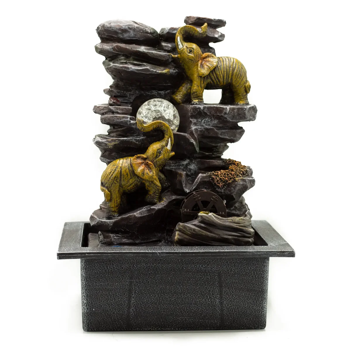 35cm tabletop elephant water fountain featuring crystal ball, water wheel and sculpted elephants.