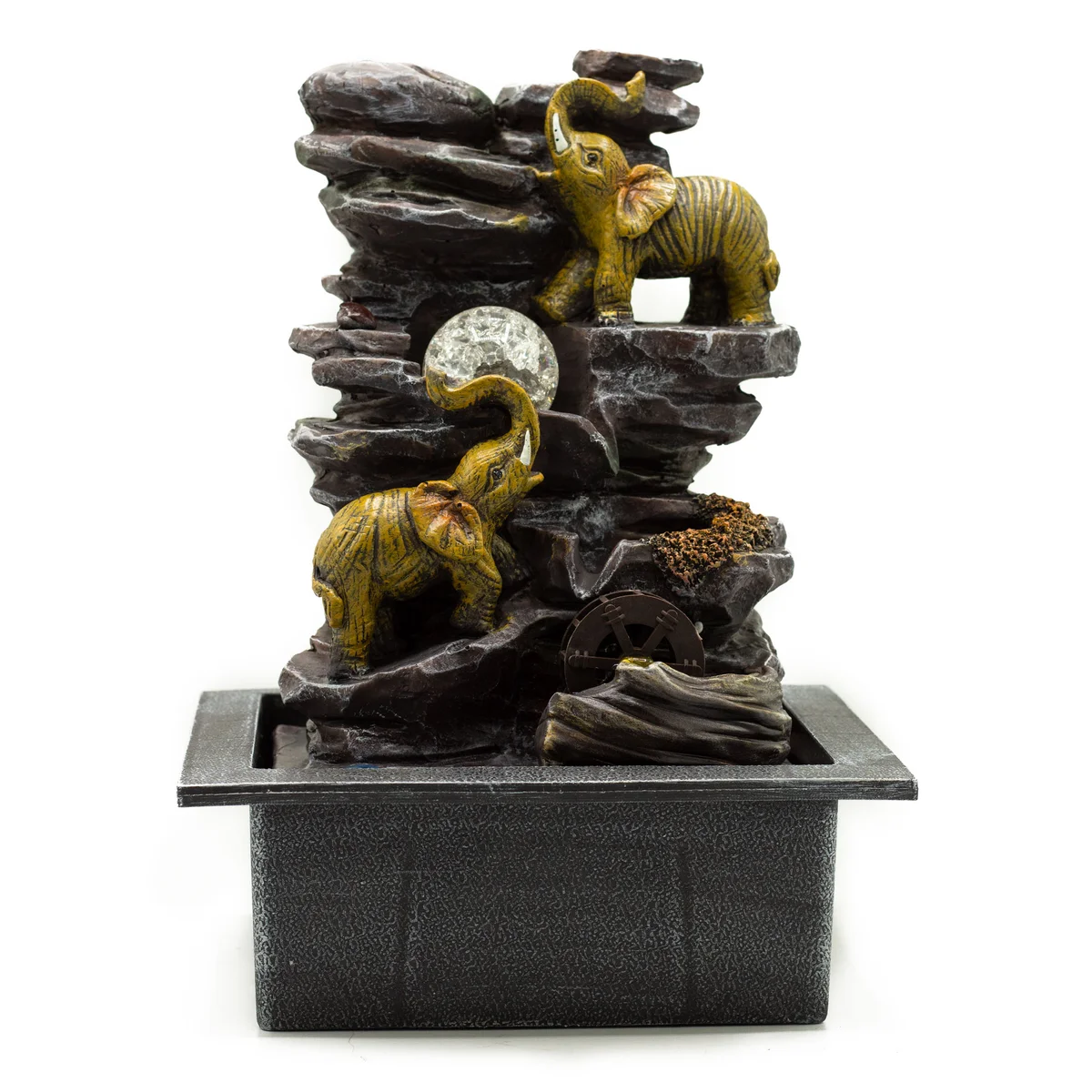 Tabletop water feature with elephants, crystal ball ornament and water wheel, 35cm tall