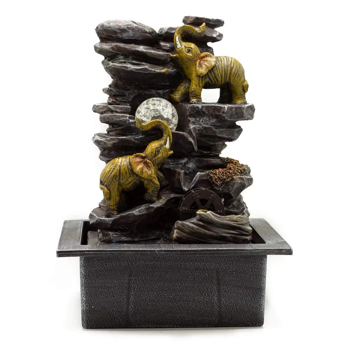 35cm tabletop water feature with elephants, crystal ball and water wheel, water wheel decoration. Adds soothing ambience.