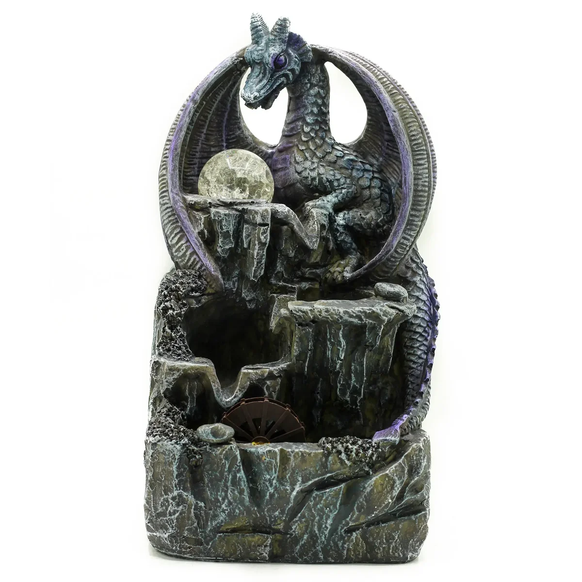 Purple dragon water fountain with crystal ball and water wheel, tabletop water feature