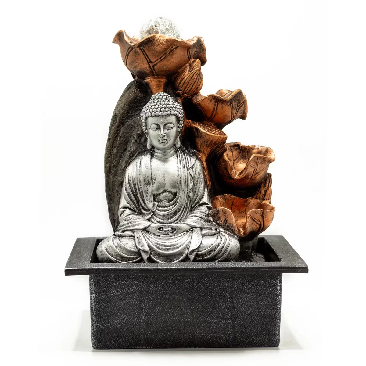 Silvery Buddha cascade tabletop water feature with crystal ball, 35cm indoor water fountain