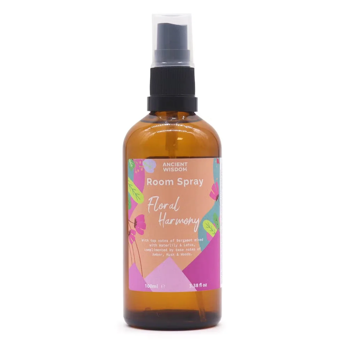 Bottle of 100ml room spray with floral design.