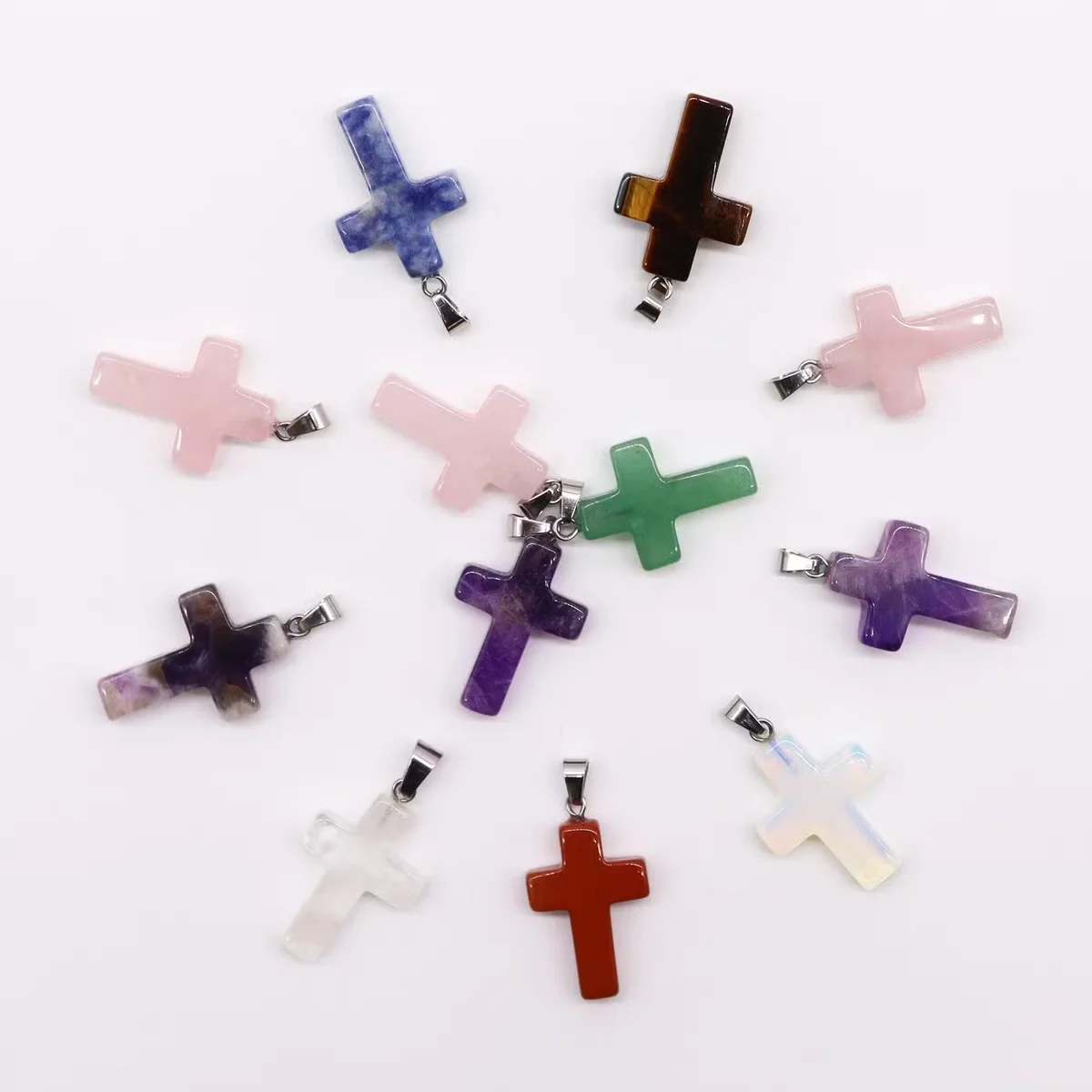 12 gemstone cross pendants 25x18mm, assorted colours