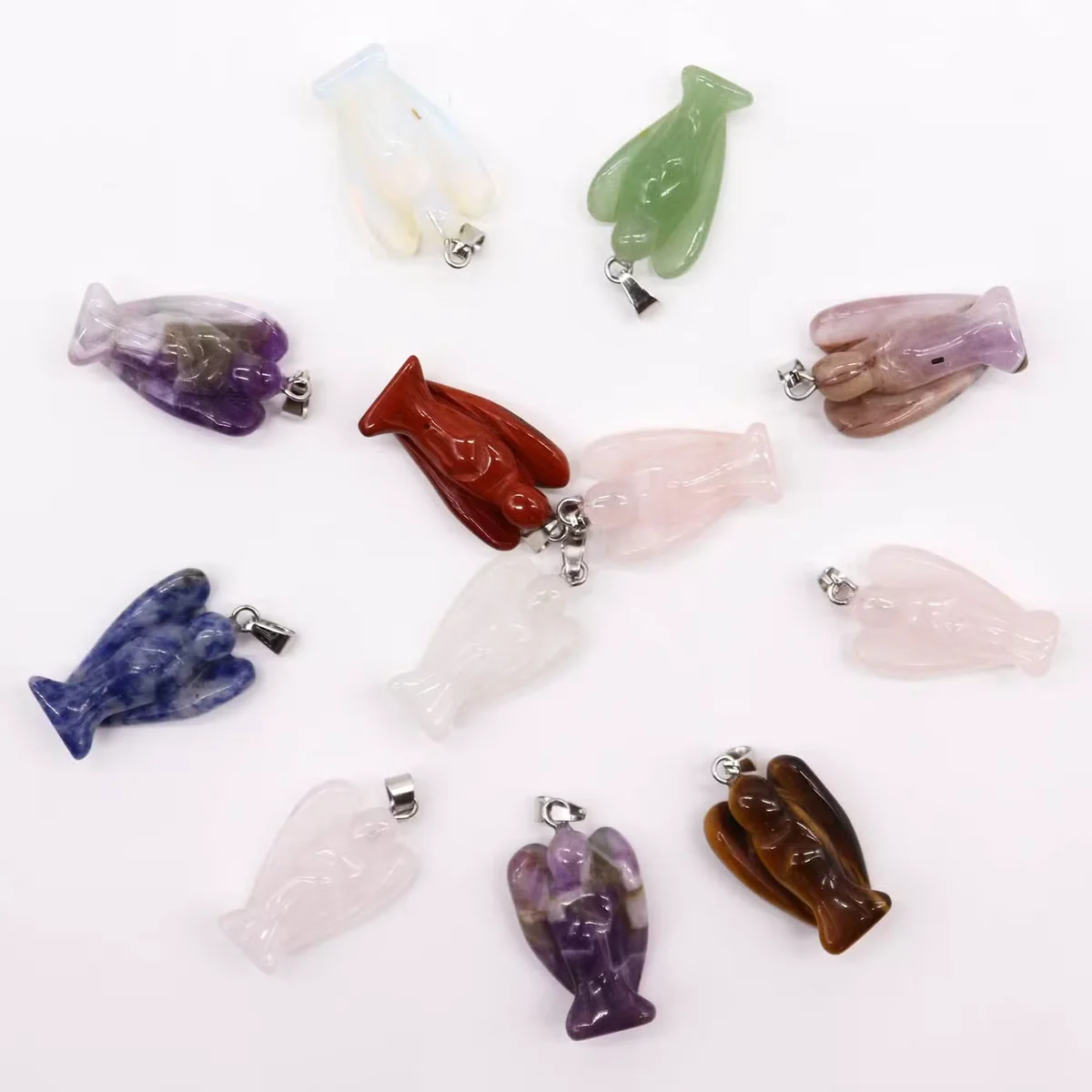 Gemstone mini angel pendants, 12 assorted charms 26x18mm, displayed together as angel necklace charms