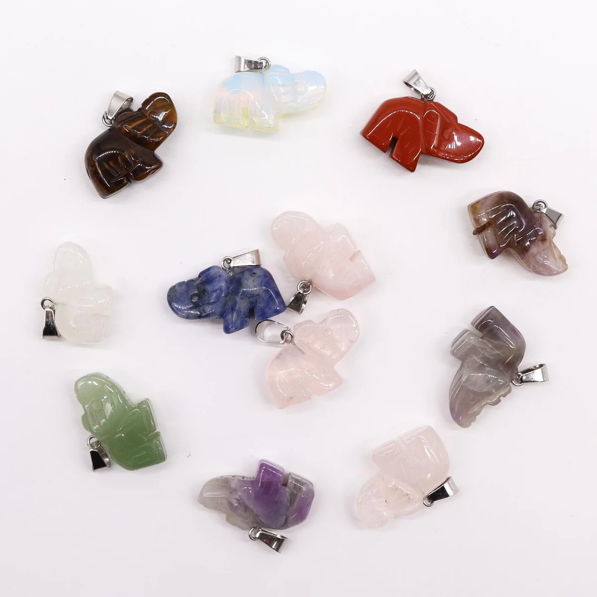 Colourful lucky elephant pendants, assorted gemstones, 25 mm × 15 mm size