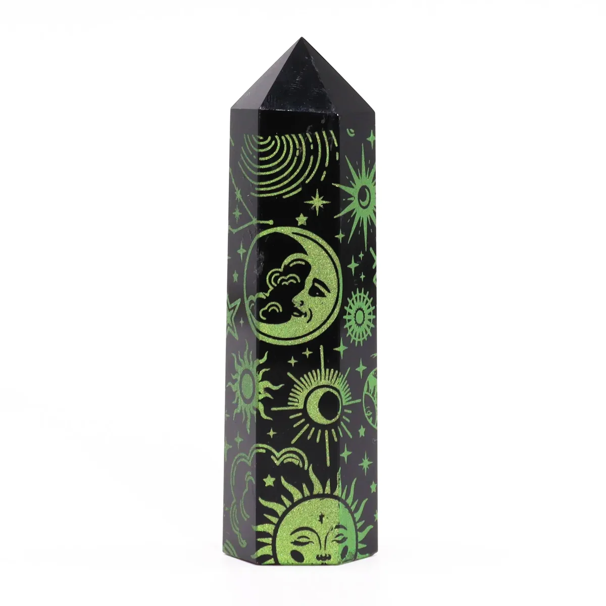 Black obsidian point sculpture, forest green setting, adding mystic story decor