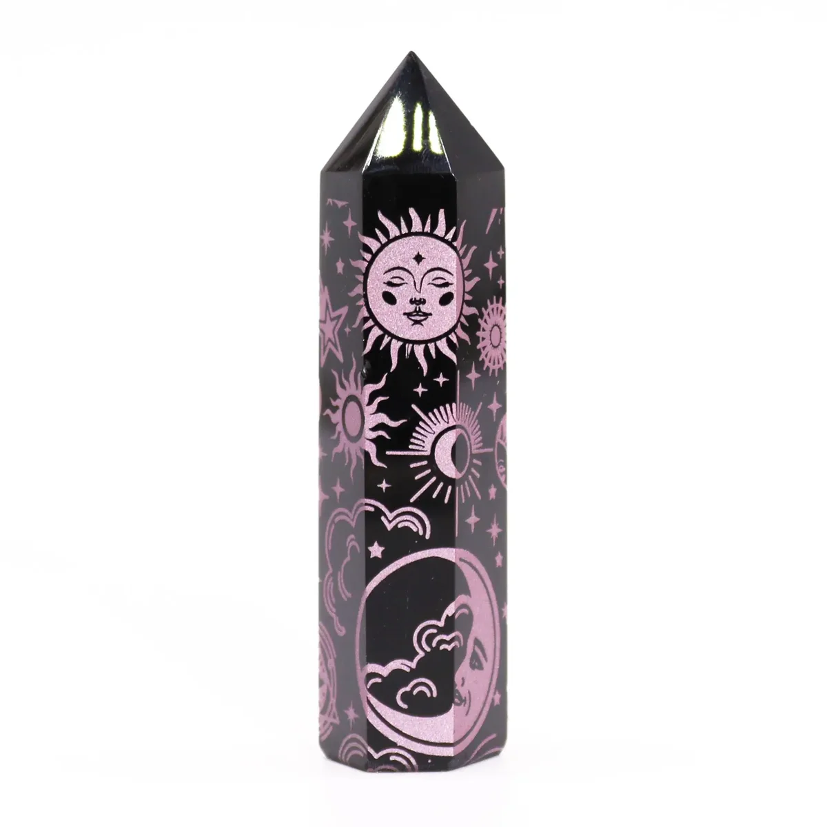 Black obsidian point with rose‑pink accents, portrayed as a mystical decorative piece for mystic story decor