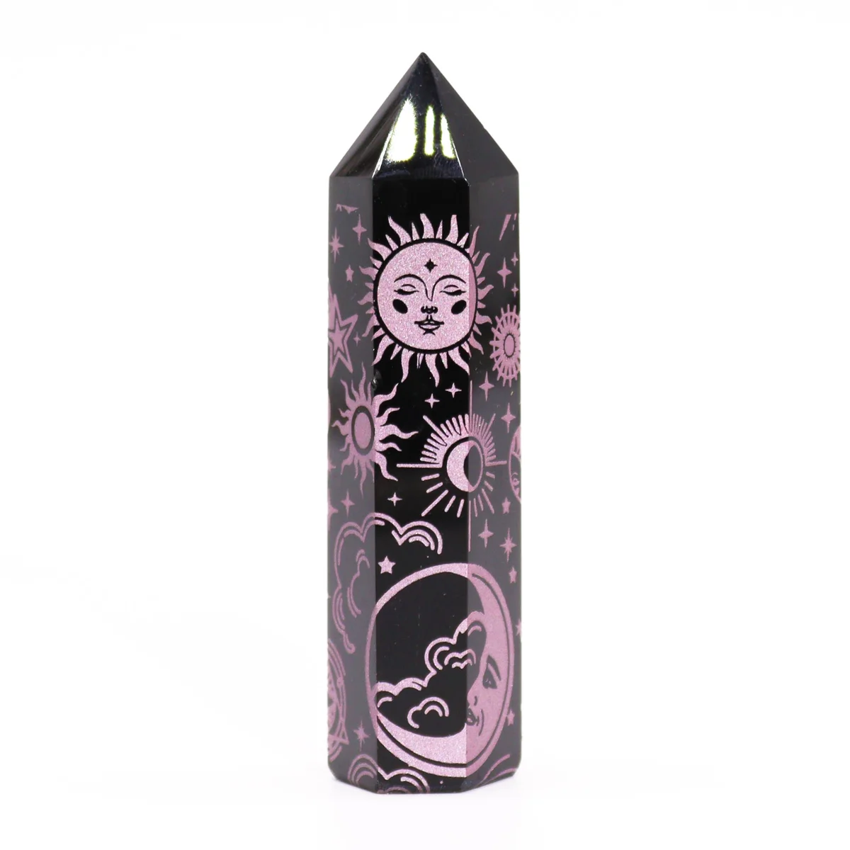 Black obsidian point crystal hanging, its rose pink tint highlighted, a rose pink ornament set against subtle dark background.