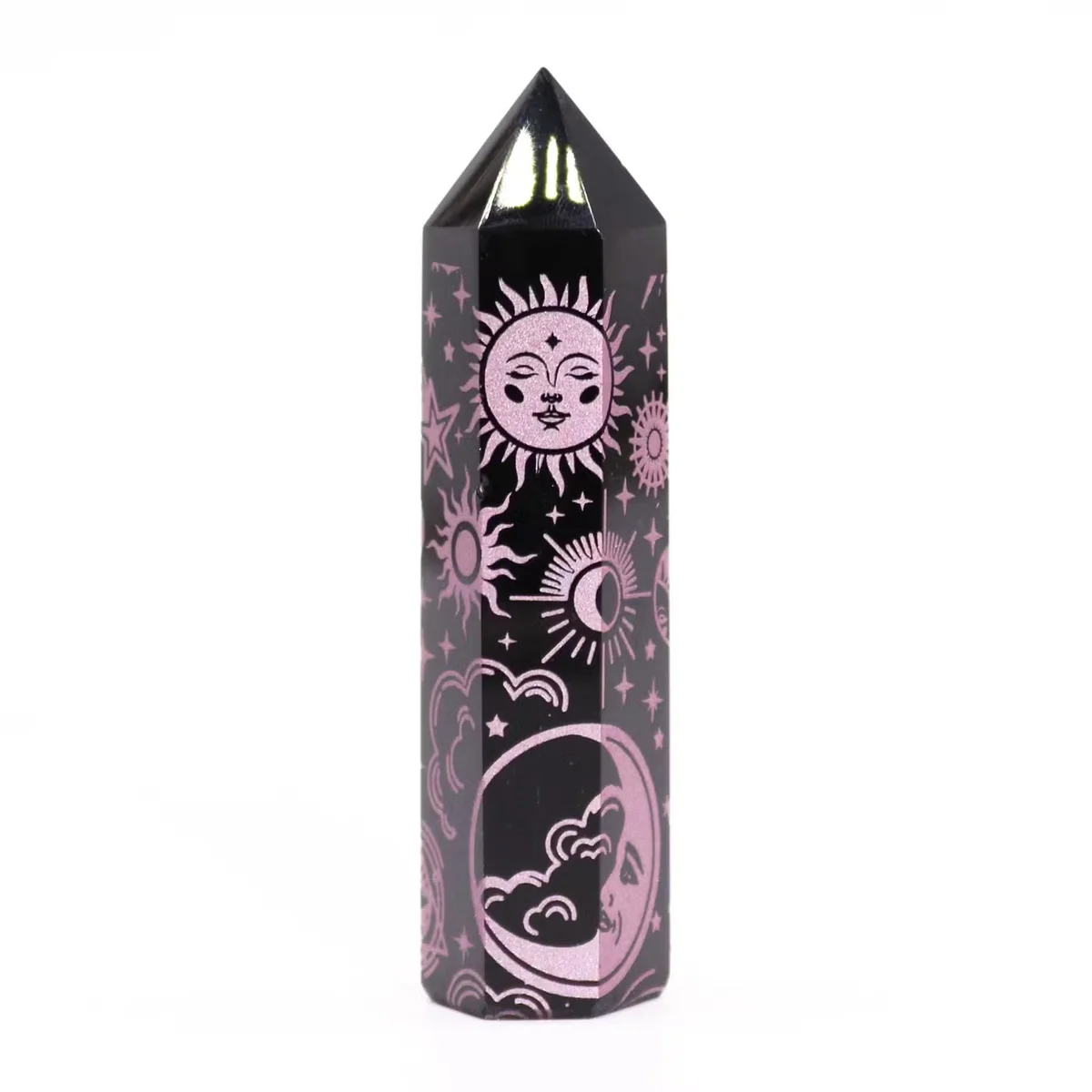 Black obsidian point with rose pink accents, crystal point decoration on a neutral background.