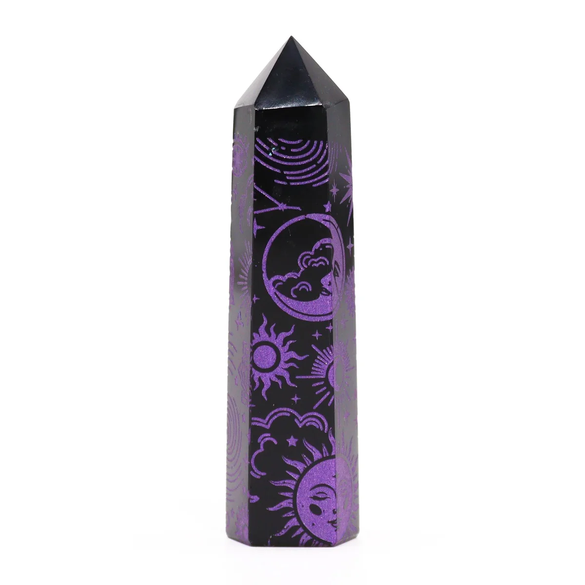 Black obsidian point showcased in a deep purple setting, highlighting its mystic allure.