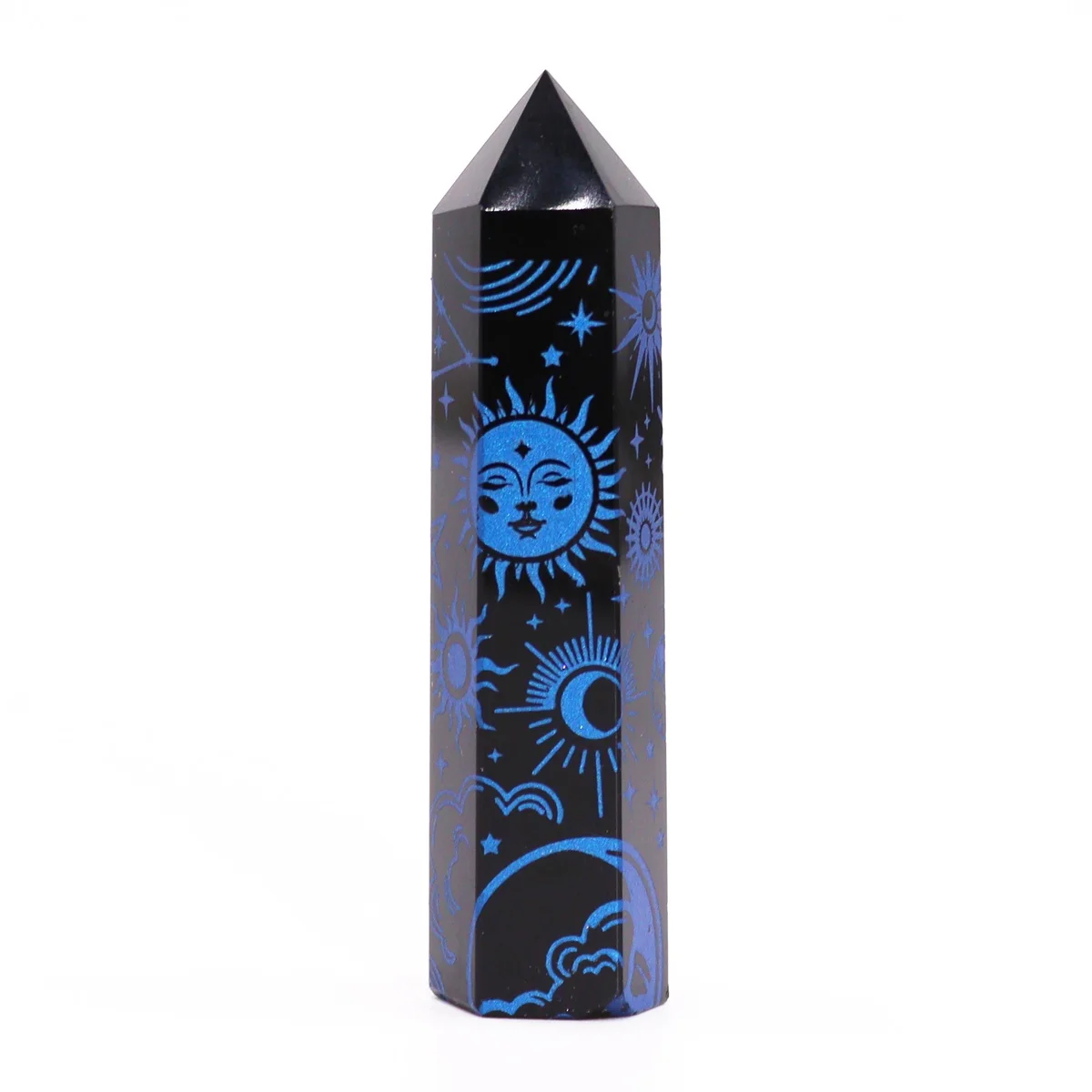black obsidian point gemstone against a midnight blue backdrop, mystical vibe