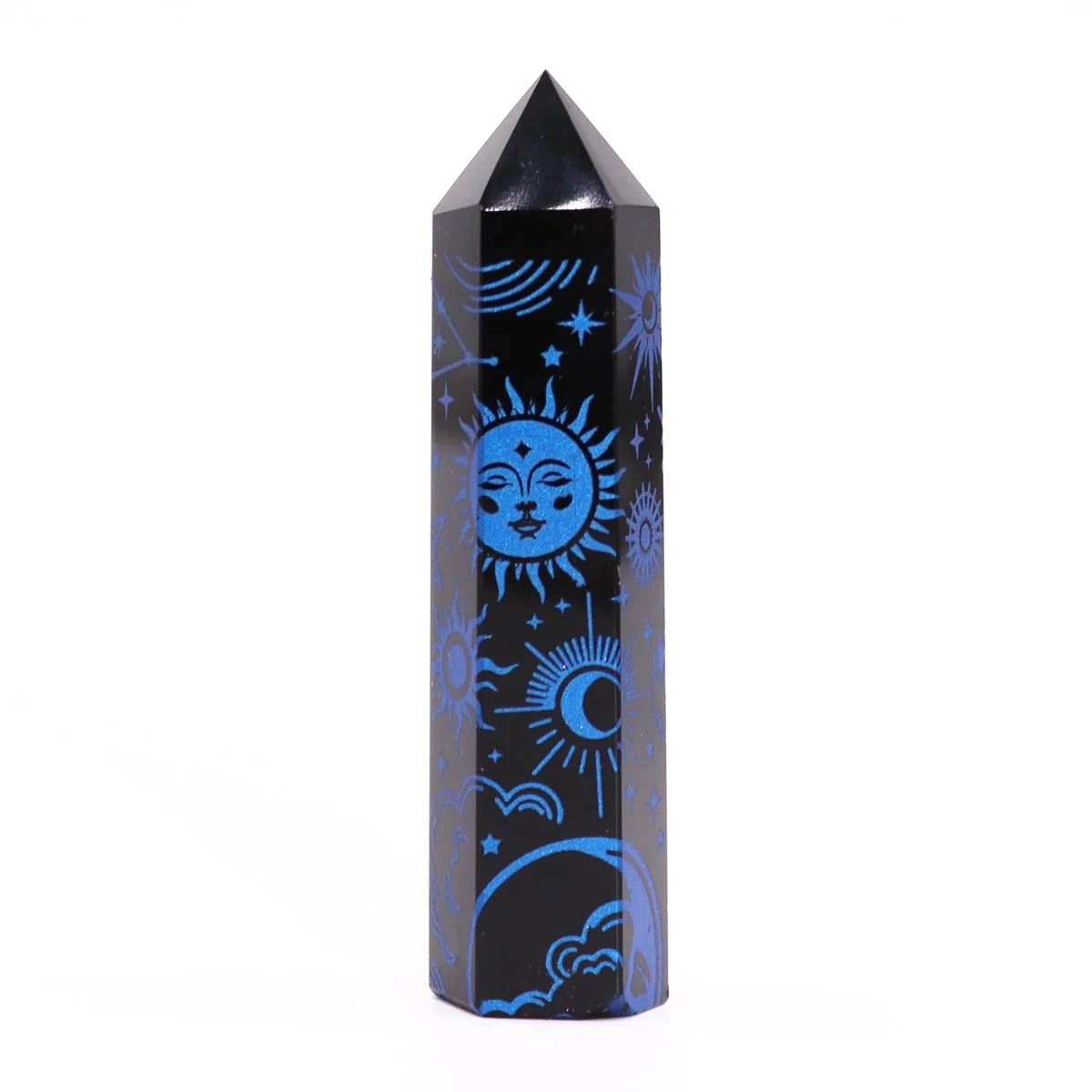Black obsidian point ornament with a subtle midnight blue glaze.