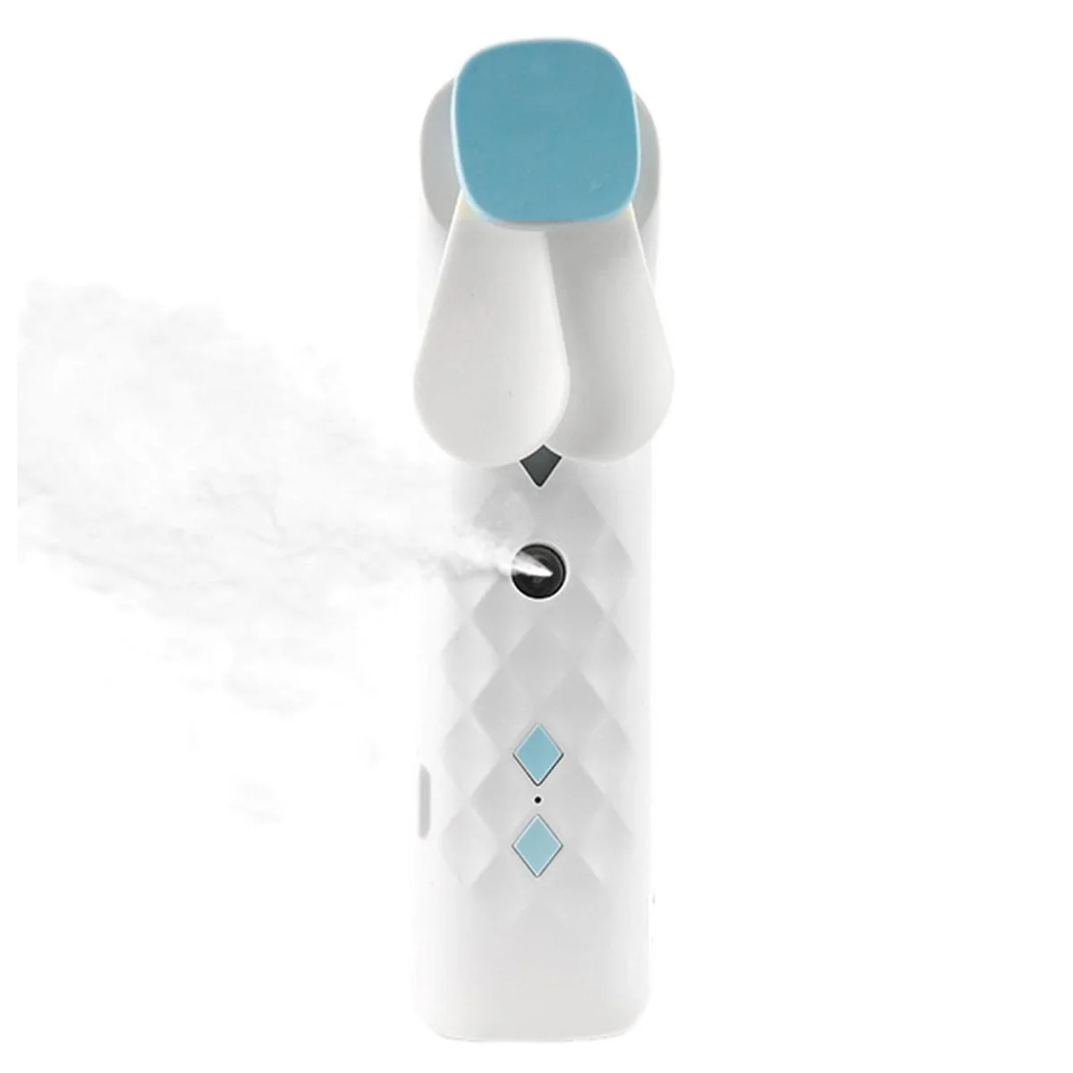 White USB rechargeable portable face mist spray and fan with nano mist function in sleek white design on plain background