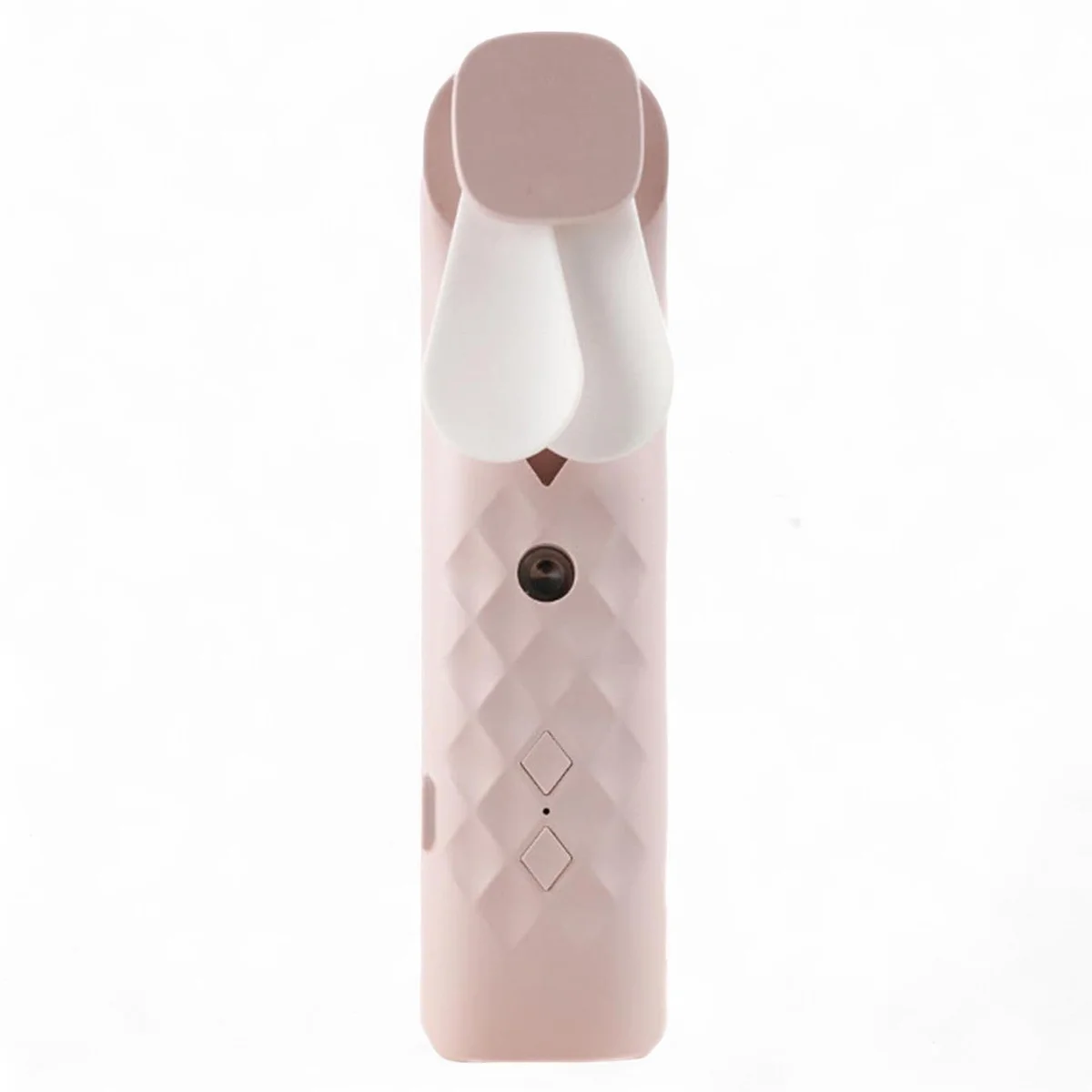Pink nano mist face fan and spray device with USB charging port on a white background