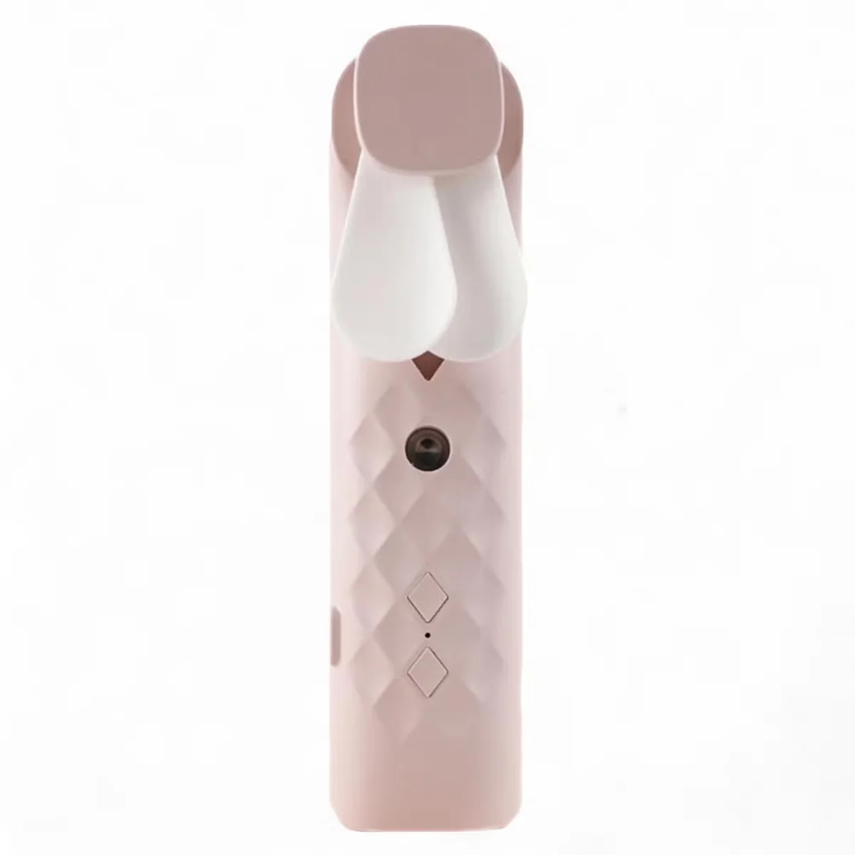 Pink face fan spray in compact design with USB charging port shown from side angle on white background